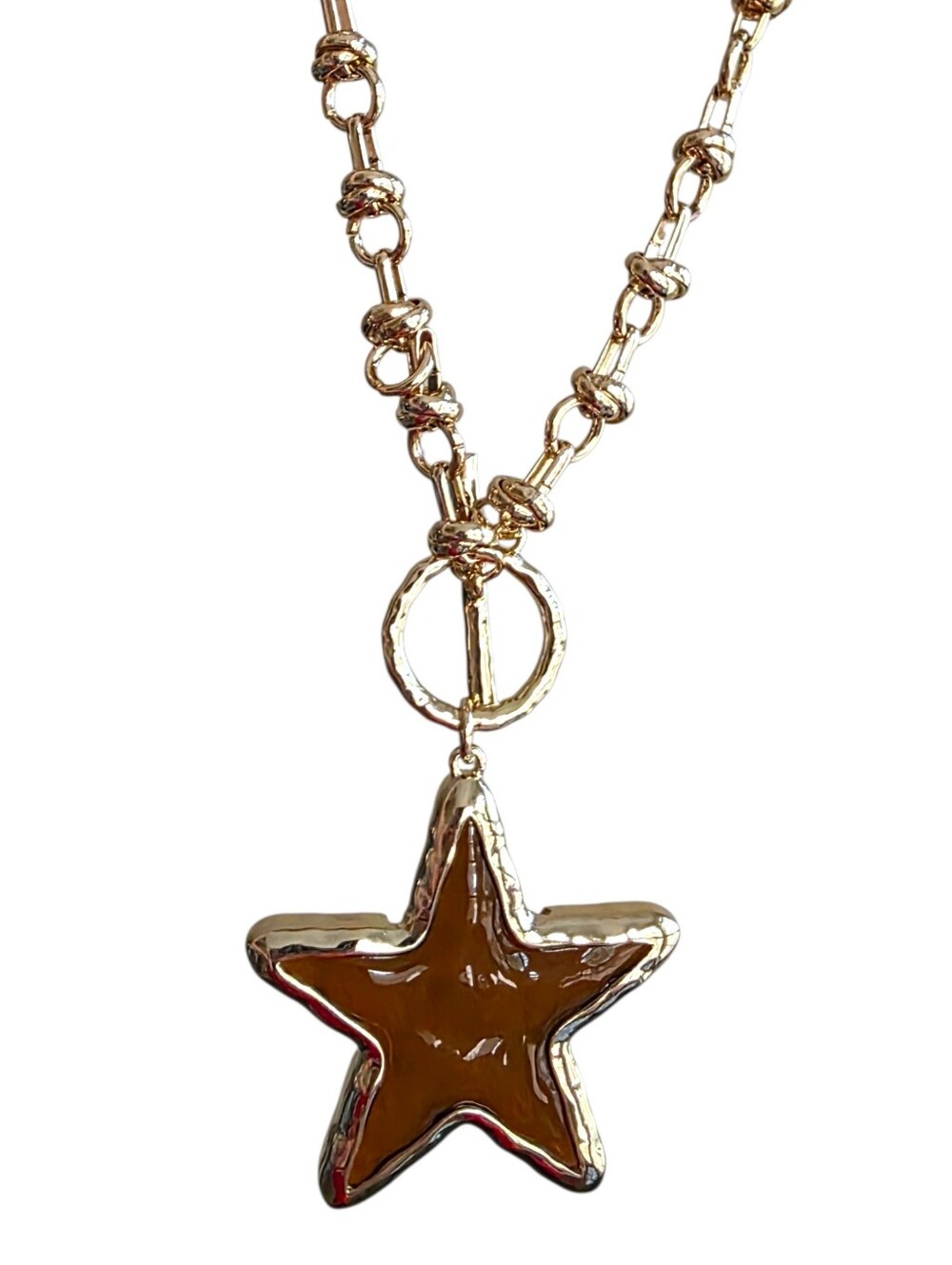 NEW True To Form Amber Glass Star Gold Tone Knot Link Chain Statement Necklace